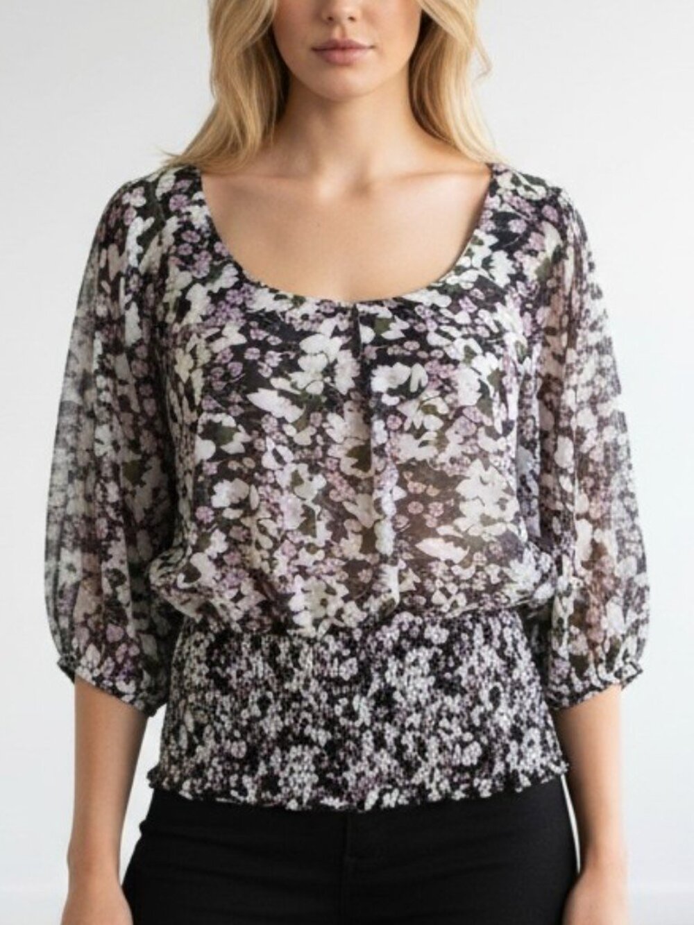Charlotte Russe Floral Peasant Top Women’s Small Boho Smocked Waist Semi Sheer
